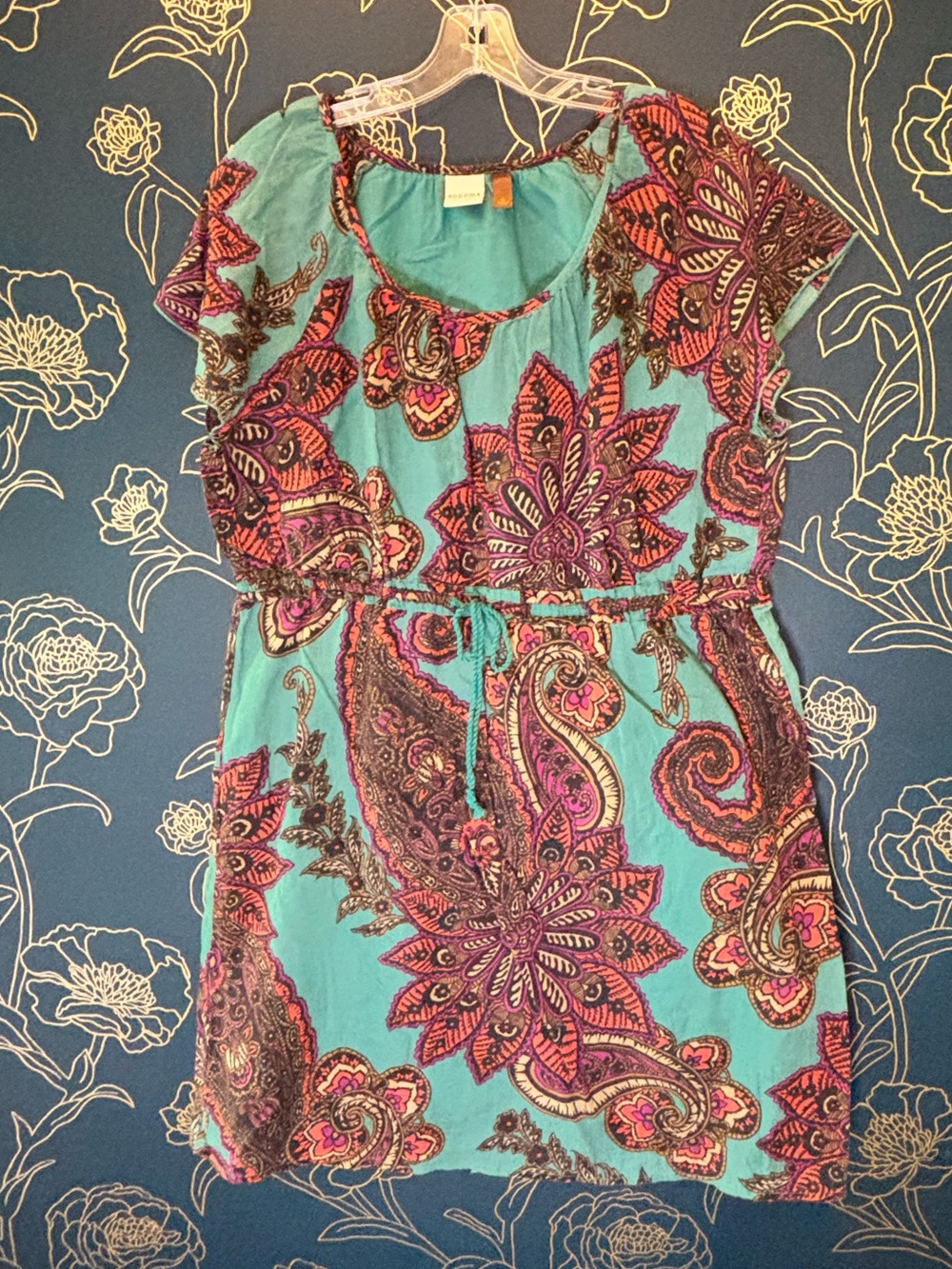 SONOMA cotton popover TUNIC DRESS. Paisley PRINT teal PURPLE sz XL lightweight
